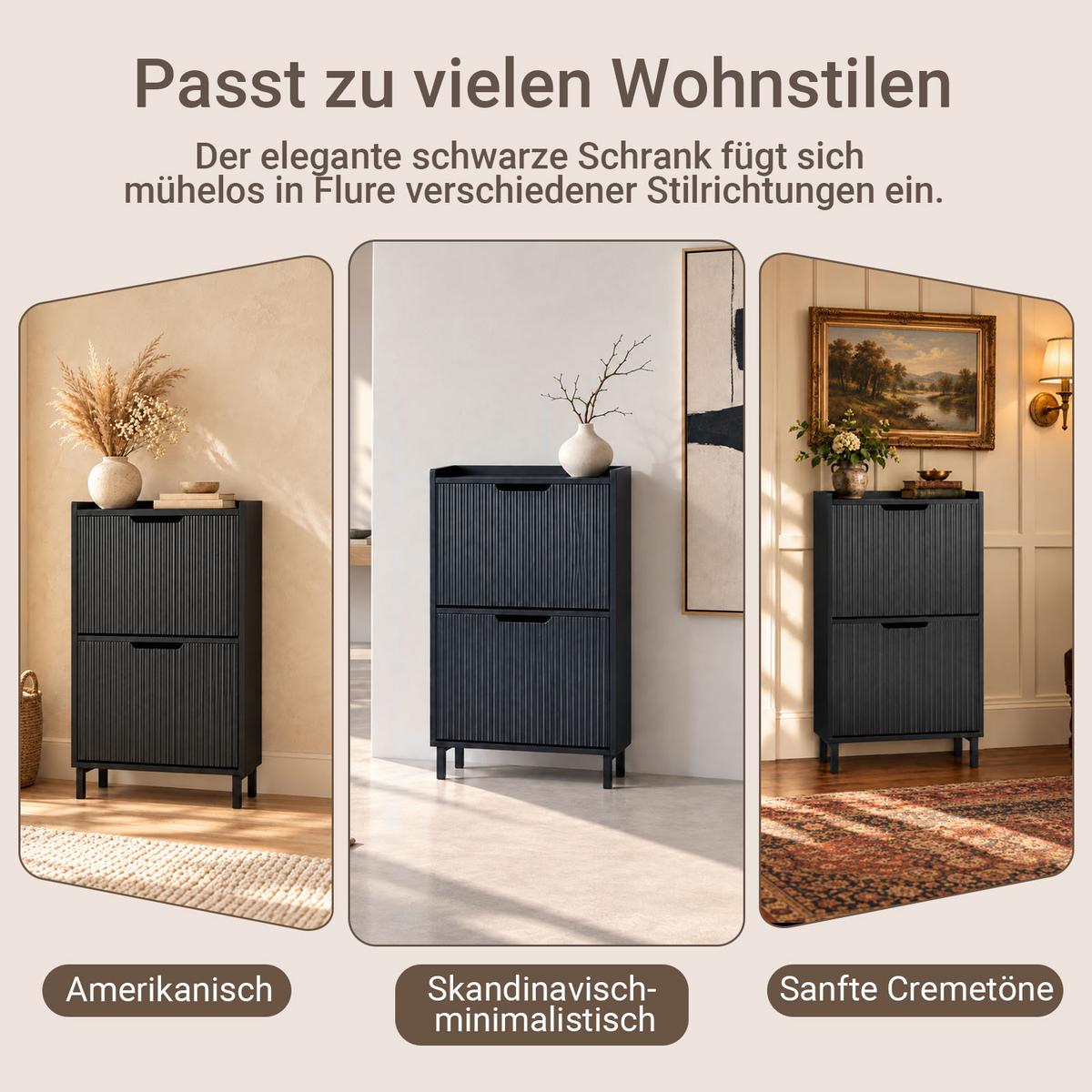 SCHUHSCHRANK schwarz, 4-6 Paar, 2 Klappen mit schrägen Einlegeböden, 90 cm hoch, nur 19 cm tief, Plissee-Front, für schmale Flure - Schwarz, Holzwerkstoff/Metall (50/90/19cm) - SoBuy