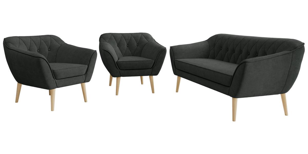 SITZGARNITUR PIRS 3+1+1 - Dunkelgrau Strukture - Holzbeine - Dunkelgrau/Buchefarben, Holzwerkstoff/Textil (180/75/74cm) - MKS