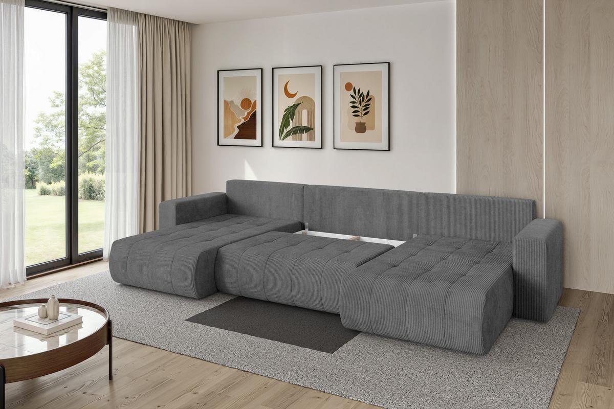 WOHNLANDSCHAFT mit Schlaffunktion und Bettkasten MILA-U 378x194x86 Dunkelgrau Cord - Dunkelgrau/Schwarz, Holzwerkstoff/Kunststoff (378/86/194cm) - ALTDECOR