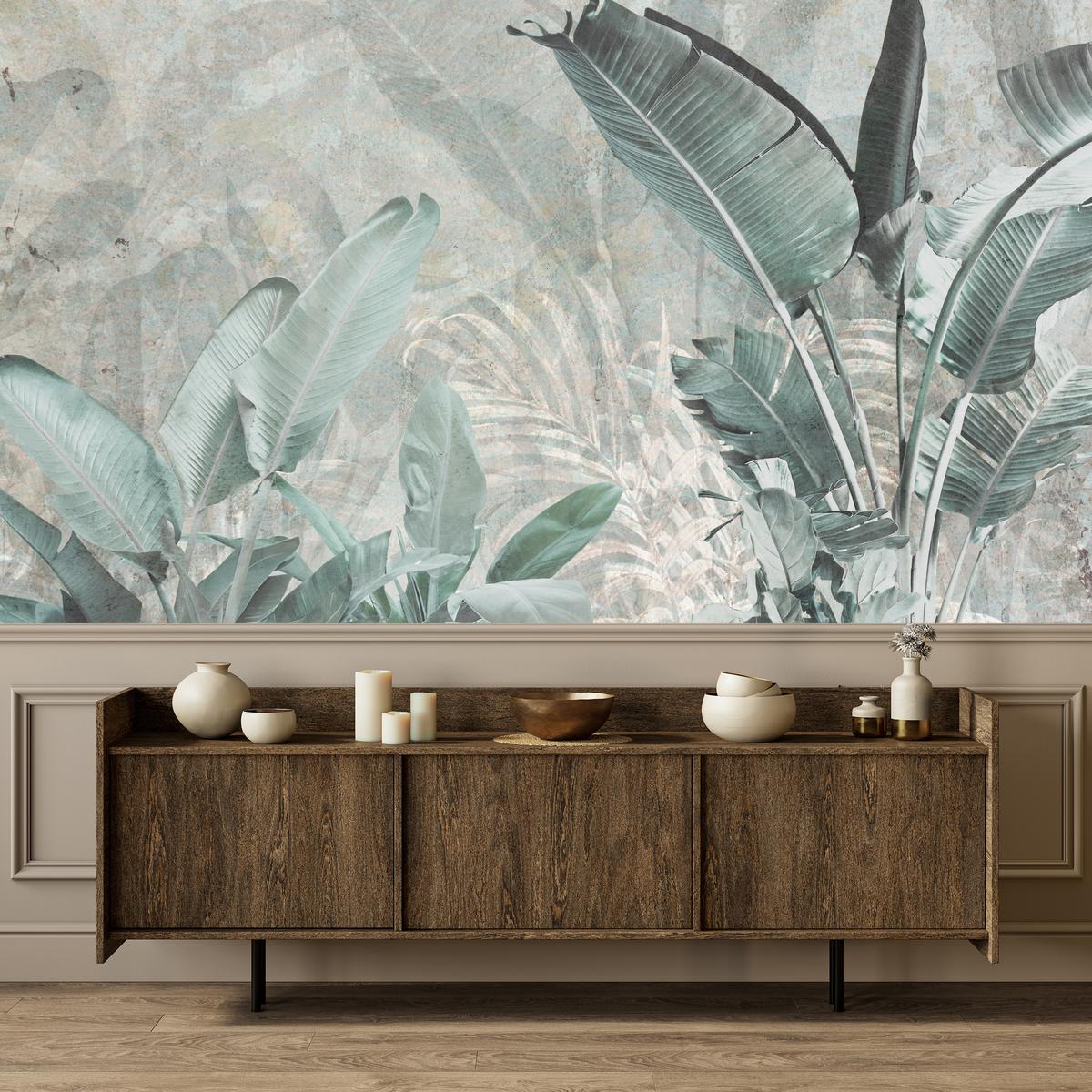 FOTOTAPETE für Küche Beton Bananenblätter Abstrakt Pflanzen Vintage 450x315 - Beige/Grau, Papier (450/315cm) - Muralo