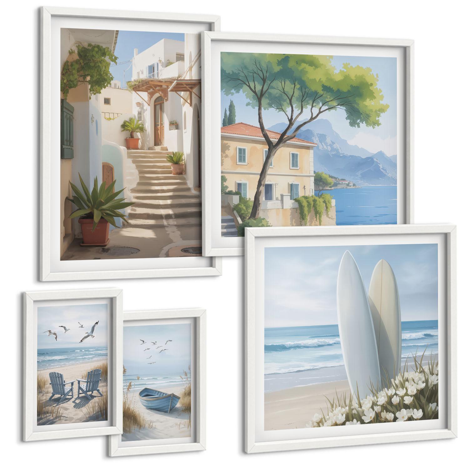 BILDER SET 5er Set - 50x50 cm & 20x30 cm & 40x60 cm Weißer Rahmen - Straßenblumen, Fahrrad bemalt - Weiß, Kunststoff (40/60cm) - TULUP