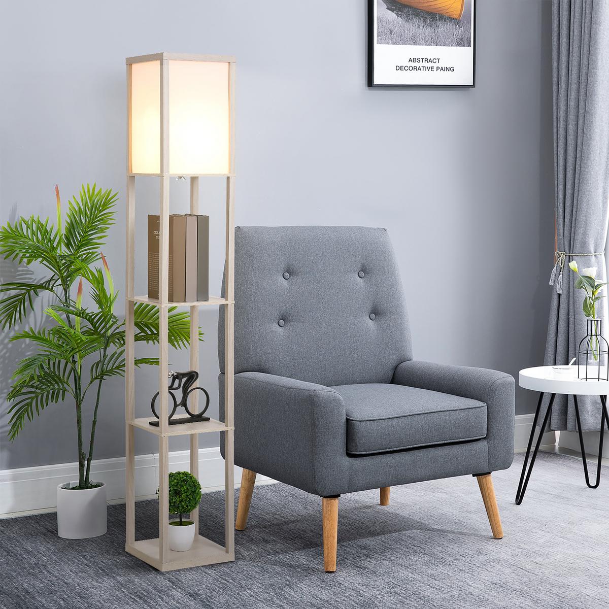 STEHLEUCHTE Beleuchtung mit 3 Regalen E27 bis 40W E1-MDF Eiche+Weiß - Eichefarben, Textil (26/26/160cm) - HOMCOM