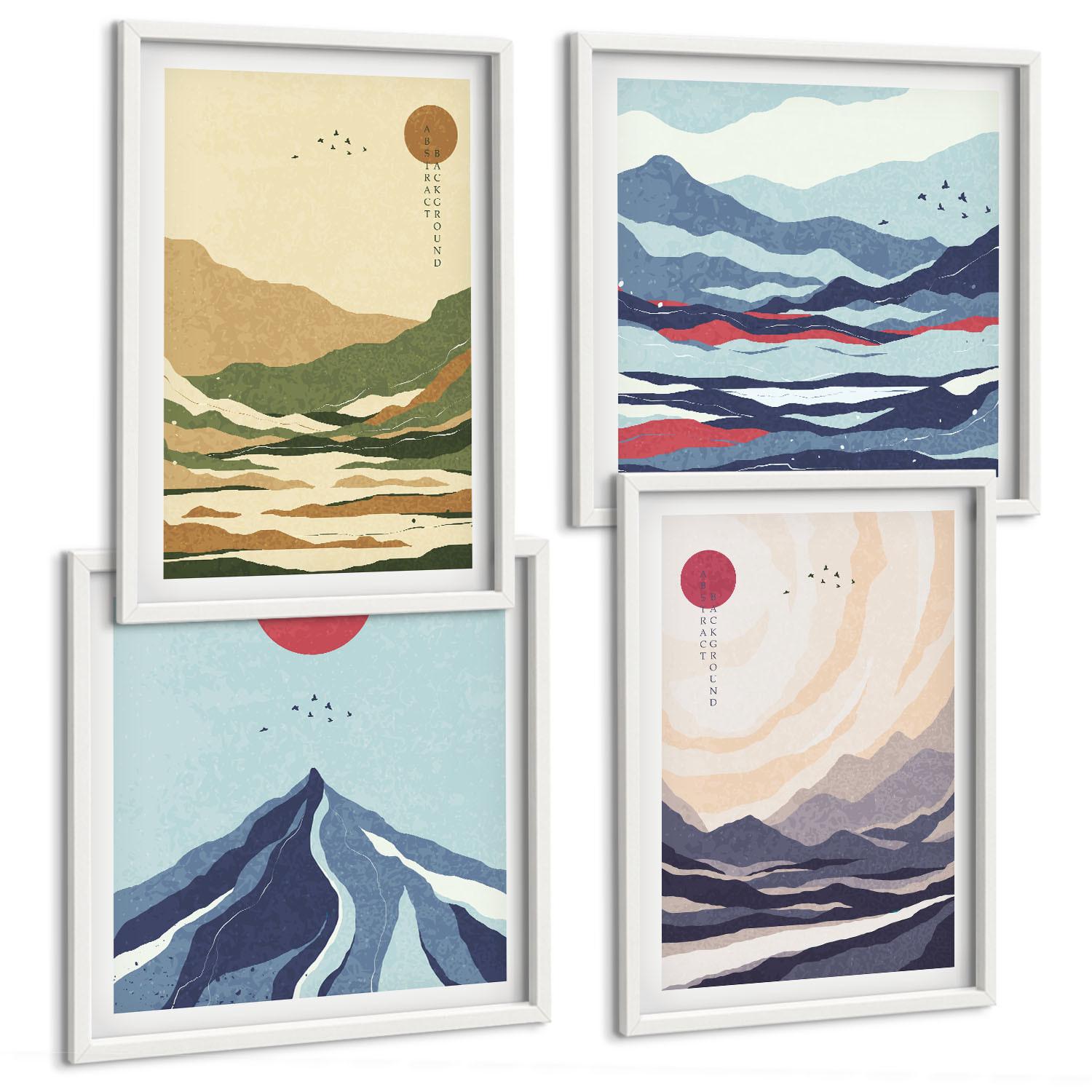 BILDER SET 4er Set - 50x50 cm & 40x60 cm Weißer Rahmen - Pastellfarbene Berge im Japandi-Stil - Weiß, Kunststoff (50/50cm) - TULUP