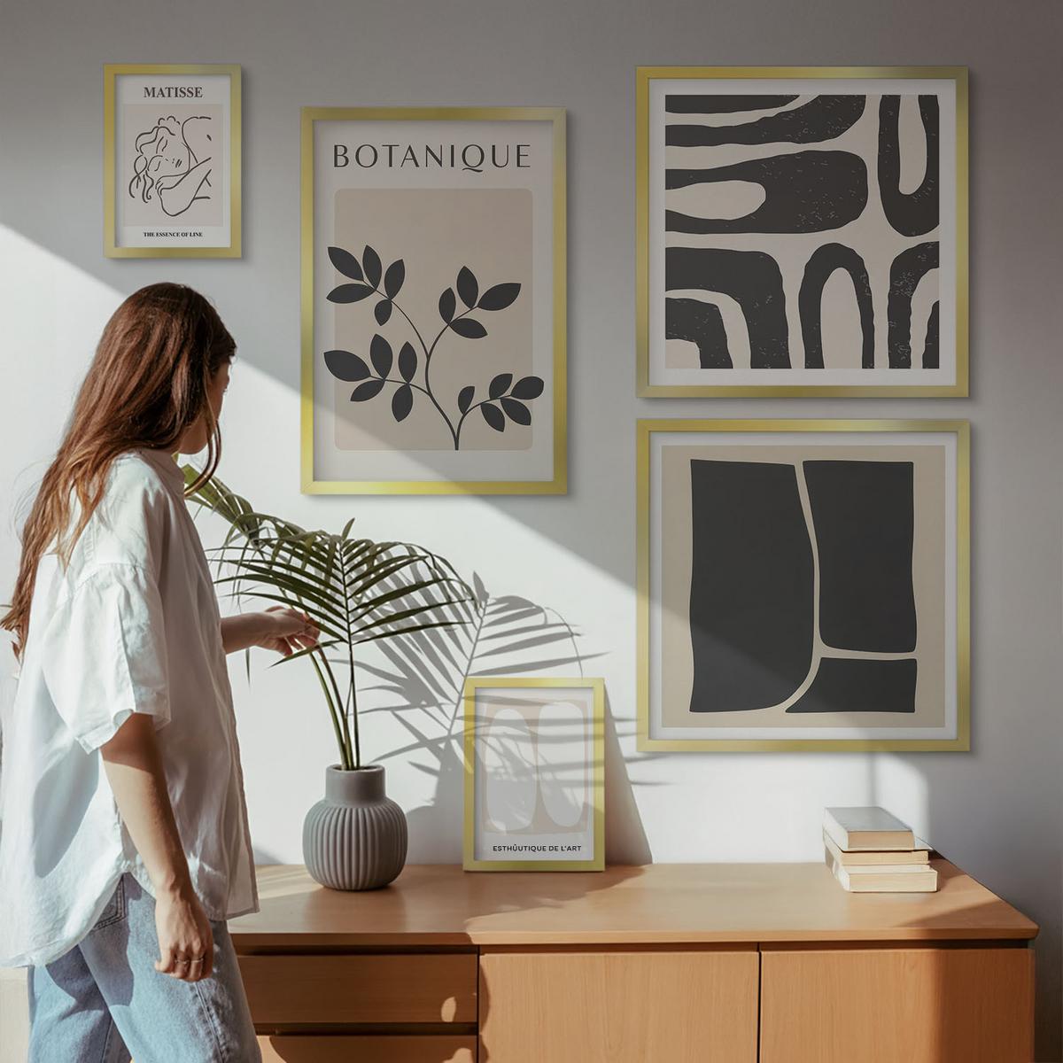 BILDER SET 5er Set - 50x50 cm & 20x30 cm & 40x60 cm Goldrahmen - Matisses stilvolle Pflanzenbilder - Goldfarben, Kunststoff (40/60cm) - TULUP