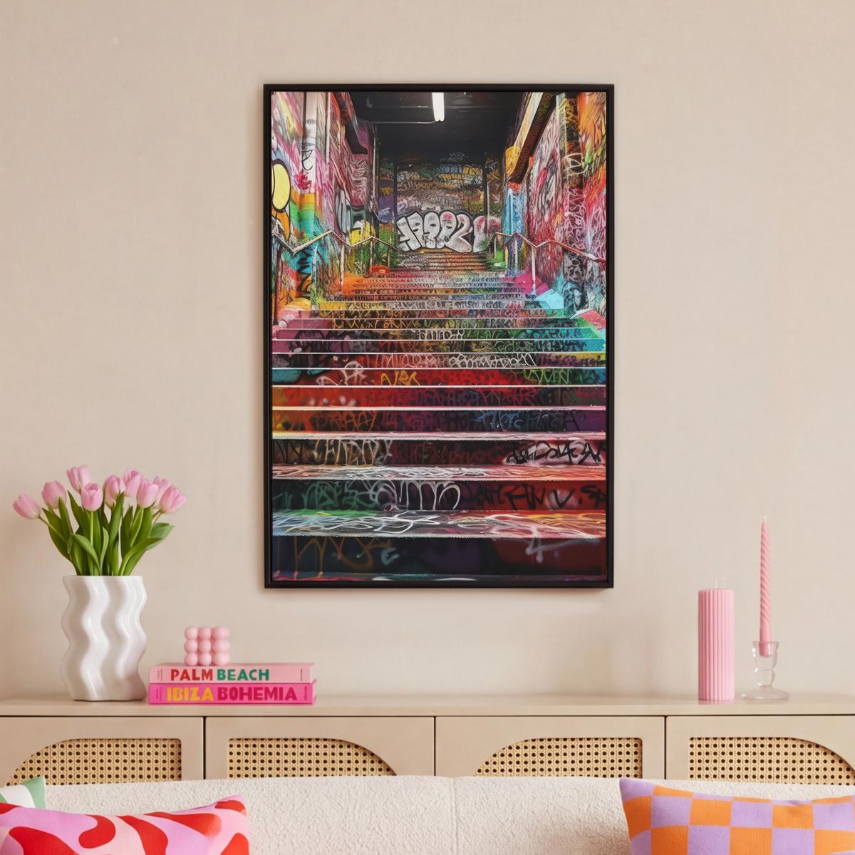 LEINWAND Bilder mit Rahmen - Treppe - Graffiti - Farben - Kunst - 60x90 - Multicolor, Textil (60/90cm) - MuchoWow