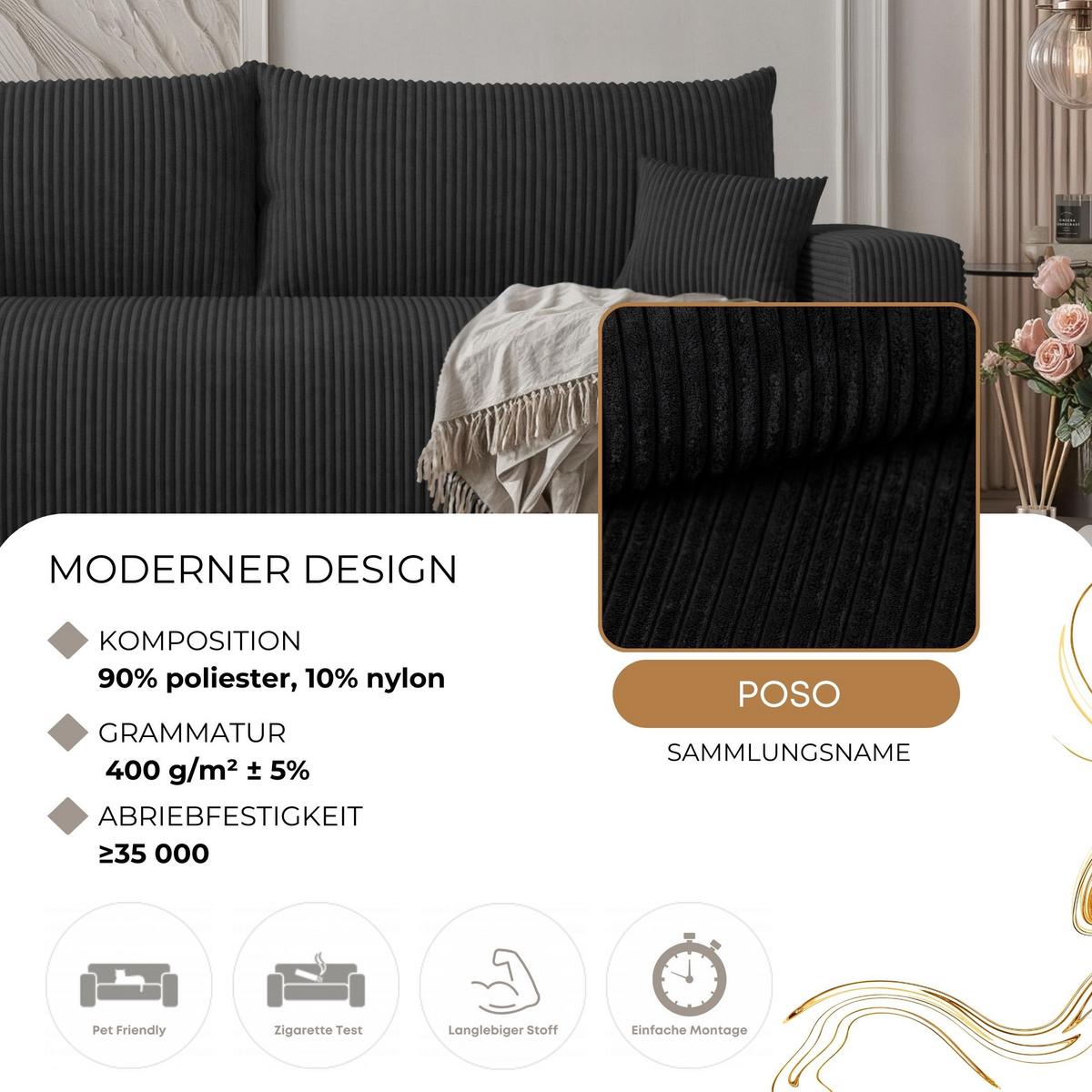 SOFA mit Schlaffunktion, Schwarz - Schwarz, Holzwerkstoff (246/79/93cm) - Idohome