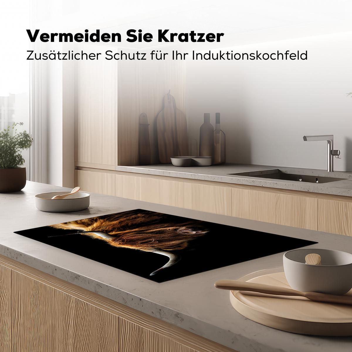HERDABDECKPLATTE Schottischer Highlander - Hörner - Schwarz - Tiere - Natur - Wild - Kuh Induktionsschutz 80x52.2 cm - Cognac, Kunststoff (80.2/52.2/0.2cm) - MuchoWow