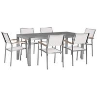 GARTENMÖBEL SET 6-Sitzer Granit grau poliert Textilbespannung weiß Grosseto - Silberfarben/Weiß, Metall - Beliani
