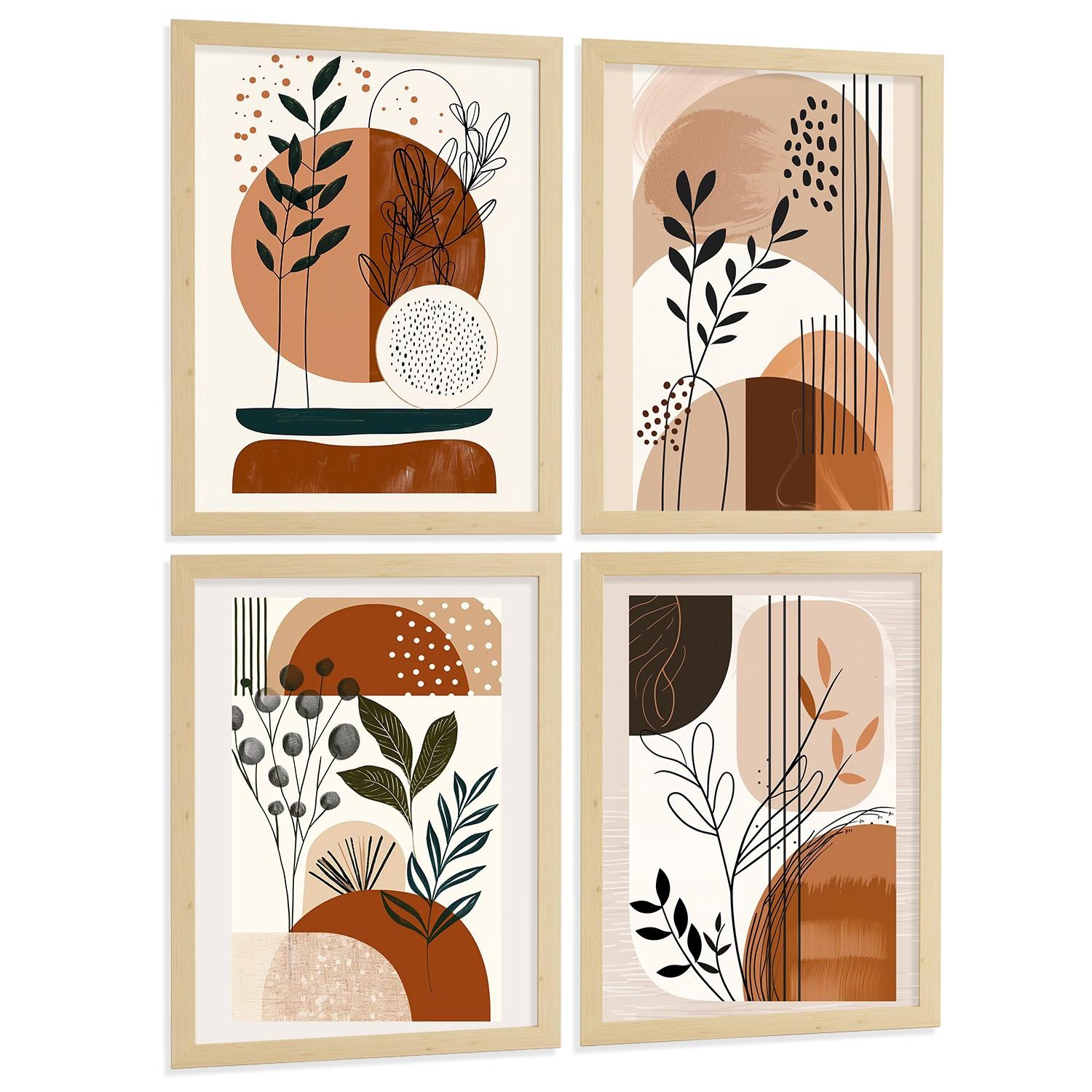POSTER 4er Kunstdruck-Set Wandbilder Botanisch Abstrakt modern Wohnzimmer Deko, Schlafzimmer, Küche, Badezimmer Leichter Holzrahmen A3 - Beige, Papier (29.7/1/42cm) - Nacnic