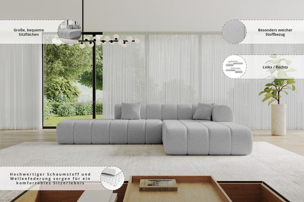 ECKSOFA Ottomane Rechts BILA-L 289x176x71 Hellgrau Bouclé - Silberfarben/Hellgrau, Holzwerkstoff/Kunststoff (289/176cm) - ALTDECOR