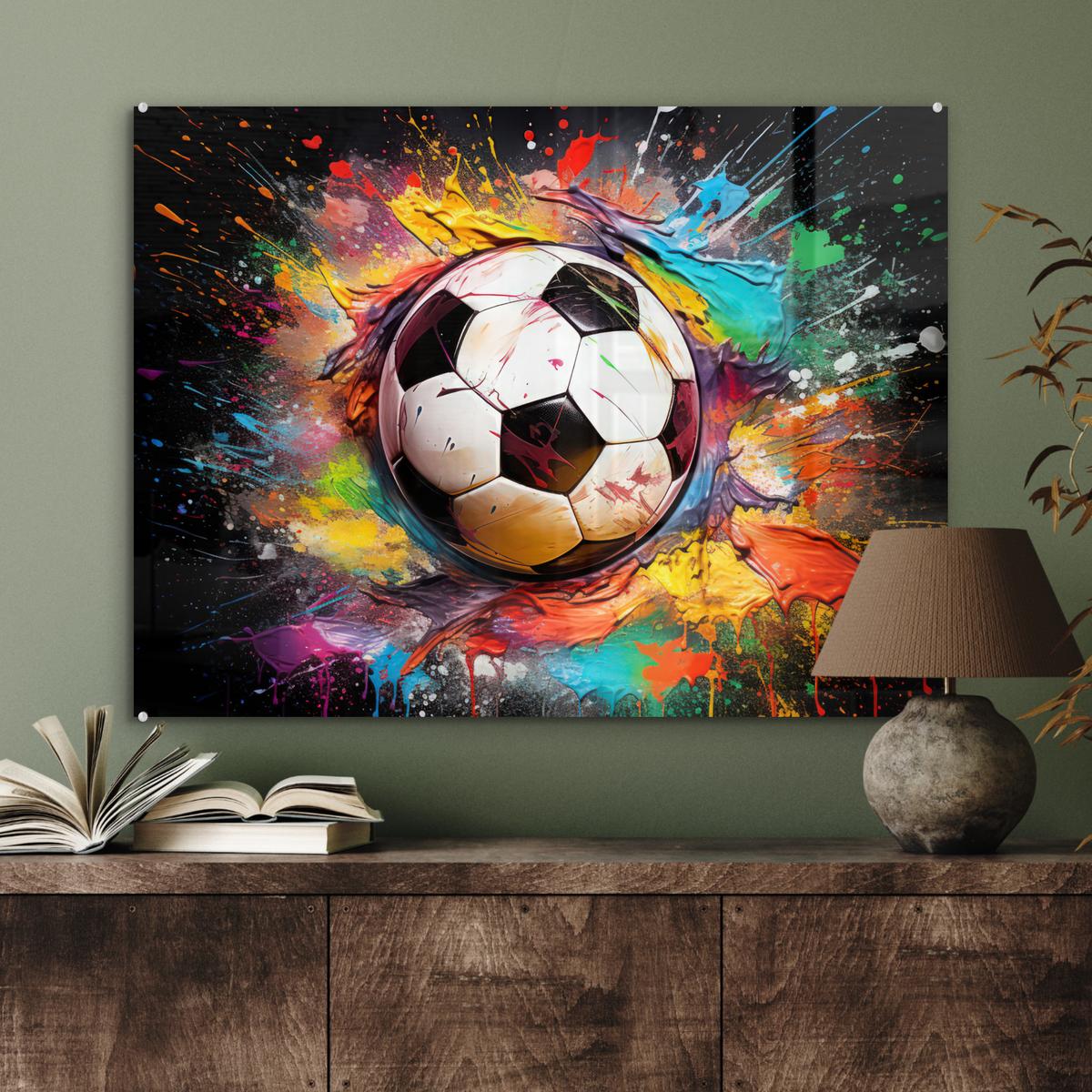 ACRYLGLASBILD Fußball - Farbe - Farben - Schwarz - Weiß 80x60 cm - Weiß, Glas (80/60cm) - MuchoWow