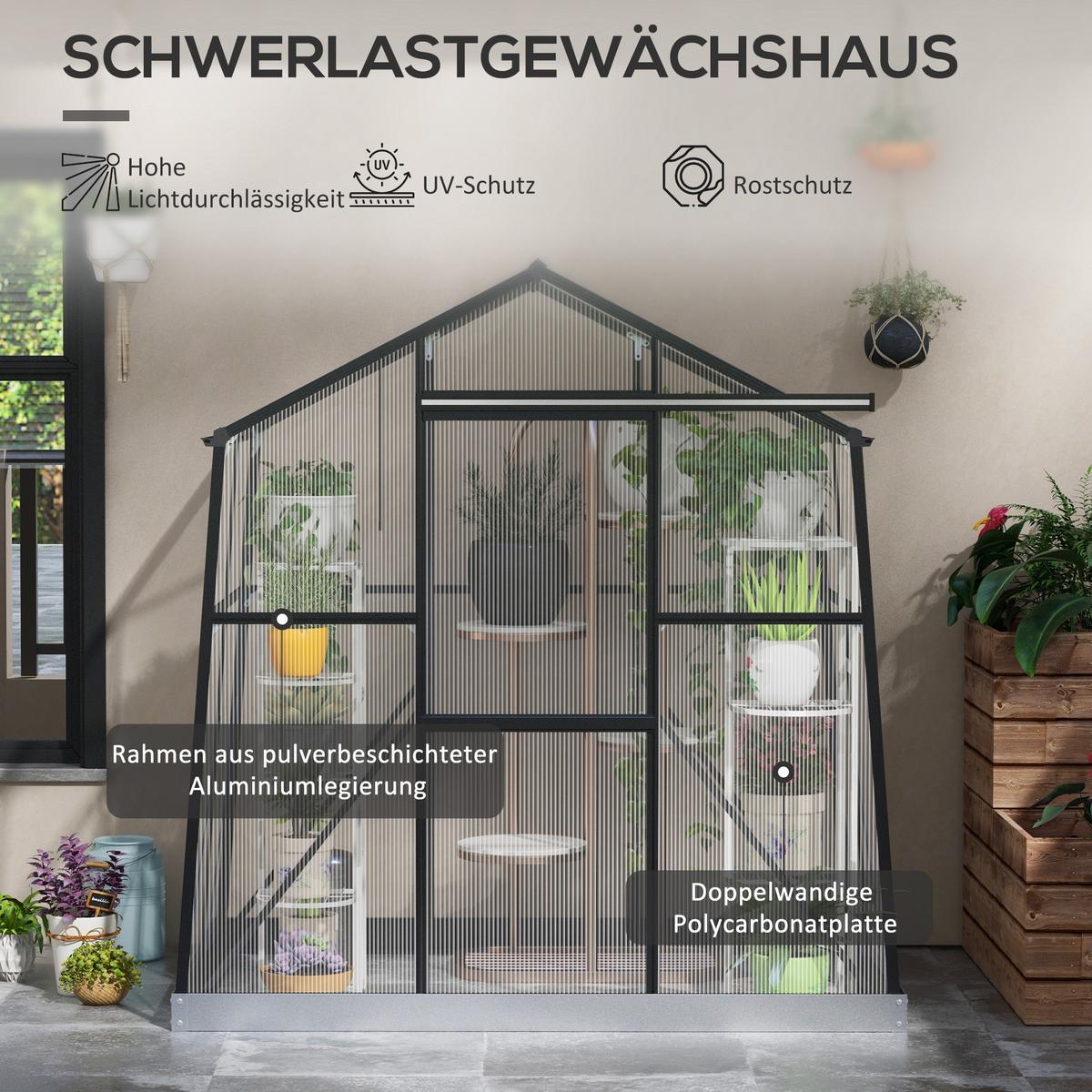 ALU-GEWÄCHSHAUS, mit Fenster, Schiebetür, Fundament, für Garten, Balkon, Schwarz - Schwarz, Metall (131/203/192cm) - Outsunny