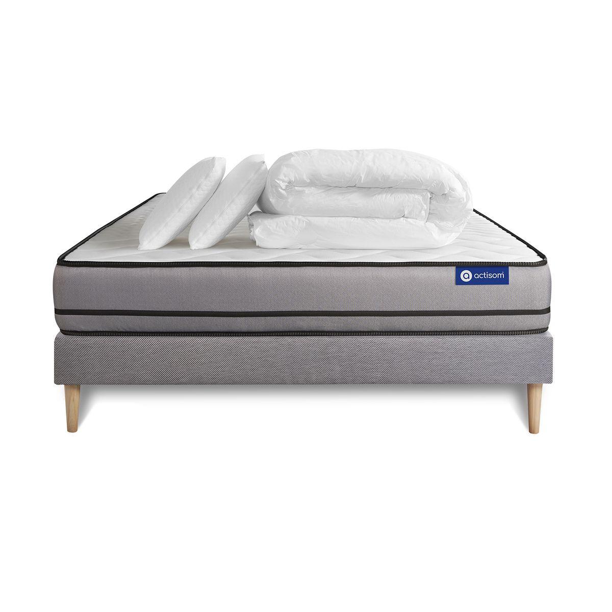 BETT Actilatex night Latex und Memory-Schaum 140 x 200 cm h4 - Kit Bettgestell Grau - Mit Kissen und Bettdecke - Beige/Grau, Karton/Holz (140/200cm) - ACTISOM