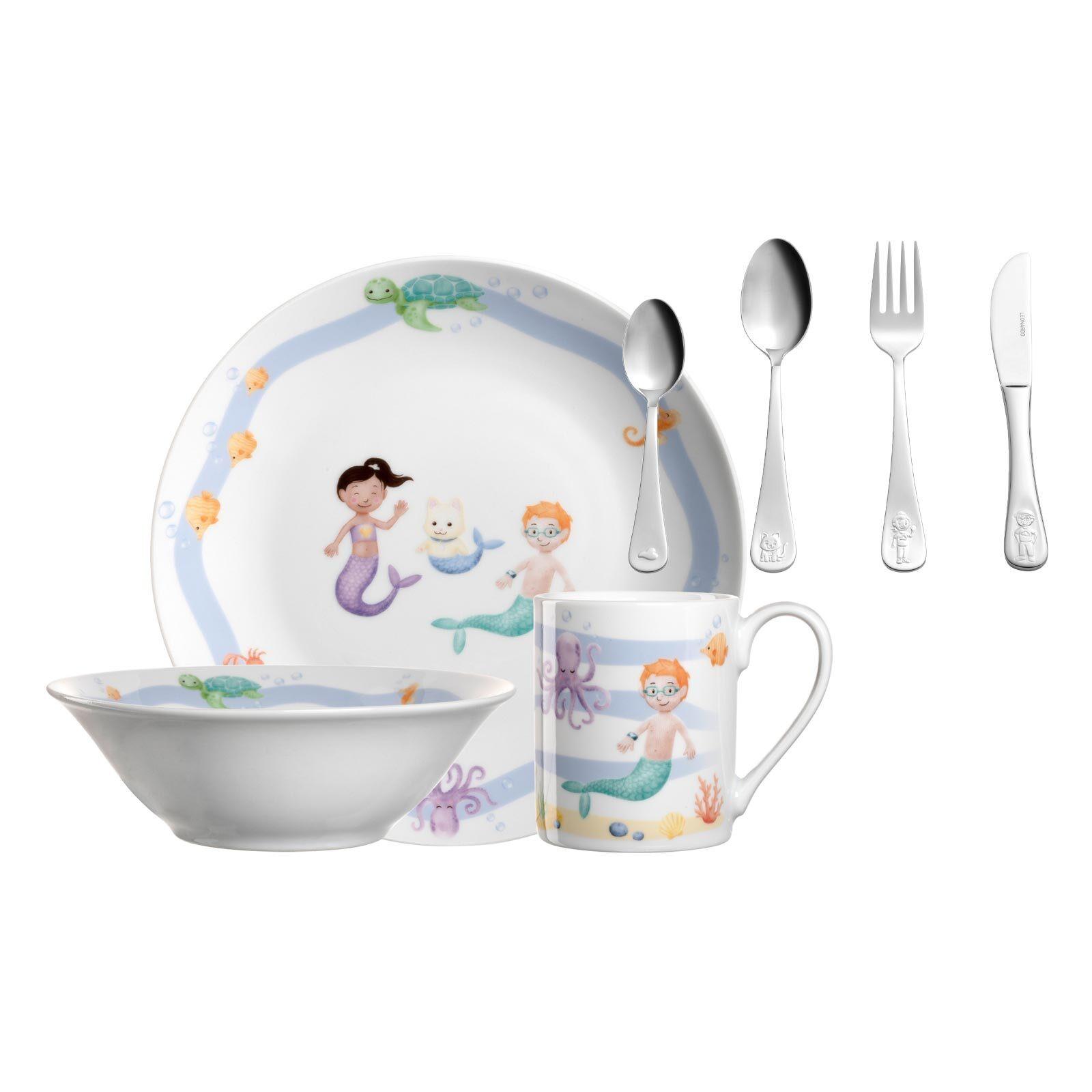 KINDERGESCHIRR SET MIT BESTECK BAMBINI AVVENTURA Meer - Hellblau, Keramik/Kunststoff (2/2/2cm) - Leonardo Living