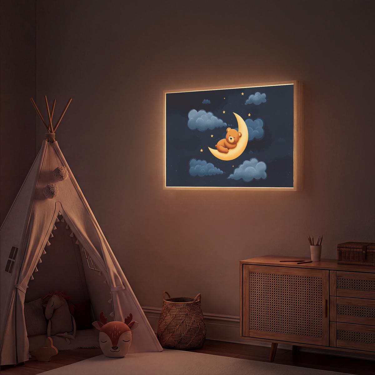 WANDLEUCHTE MIT AKKU Teddybär - Mond - Wolken - Sterne 100x70 cm - Dunkelblau, Holzwerkstoff (100/70/8cm) - OnlyWow