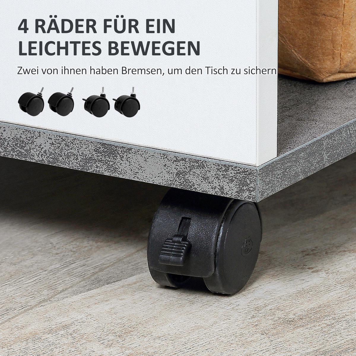 NACHTTISCH mit 360°-Rollen in modernem Design 3 Regale bis 10 kg Weiß - Weiß/Grau, Metall (29.5/65.5/35cm) - HOMCOM