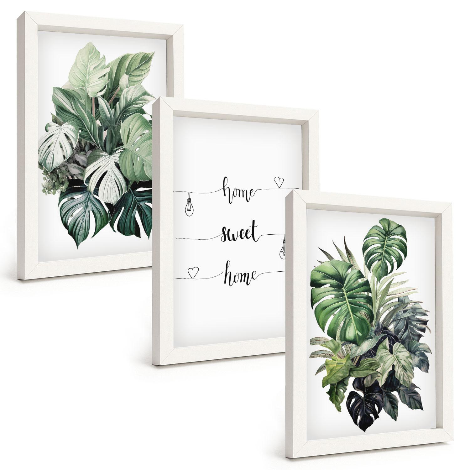 BILDER SET 3er Set - 20x30 cm Weißer Rahmen - Aquarell-Monstera-Blätter - Weiß, Kunststoff (20/30cm) - TULUP