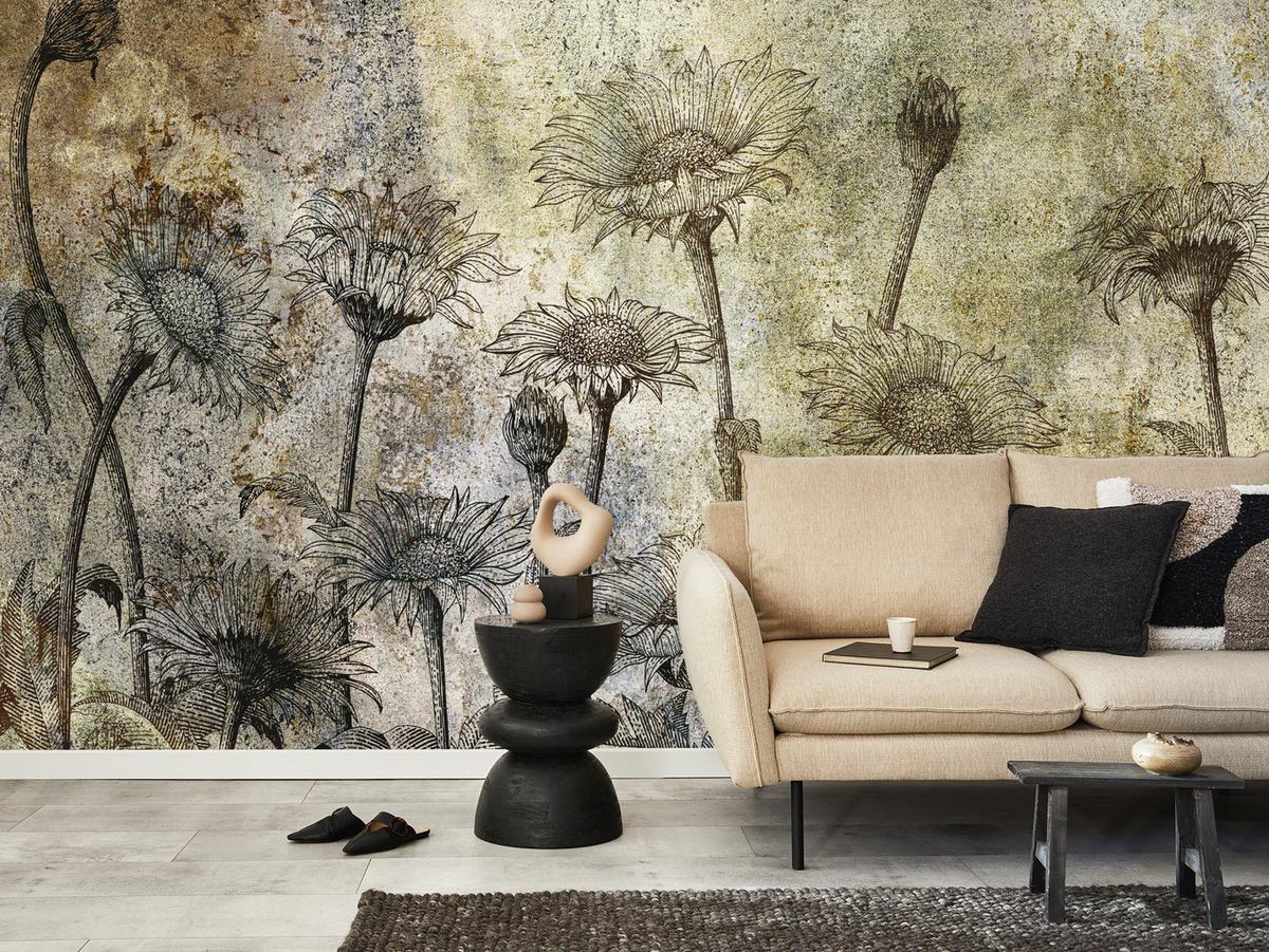 FOTOTAPETE Abstrakte Sonnenblumen Beton Retro 200x140 - Beige/Braun, Papier (200/140cm) - Muralo