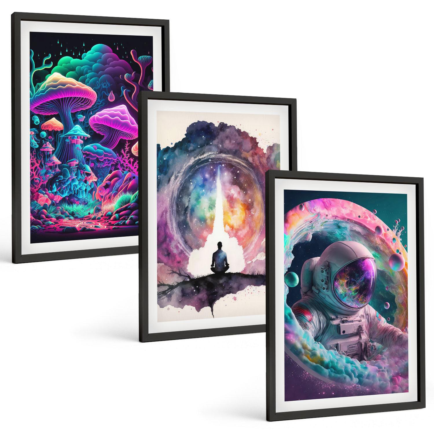 BILDER SET 3er Set - 40x60 cm Schwarzer Rahmen - Farbenfrohe Fantasy-Kunstillustrationen - Schwarz, Kunststoff (40/60cm) - TULUP