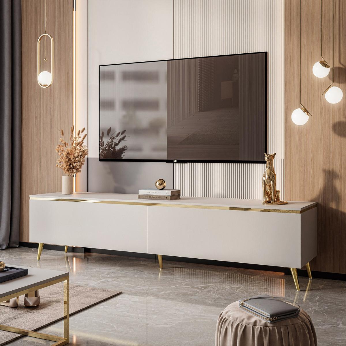 TV-LOWBOARD AURORA Kaschmir mit schräge Goldchrom Fuße - Kaschmir/Goldfarben, Holzwerkstoff/Metall (180/45/40cm) - Lookway