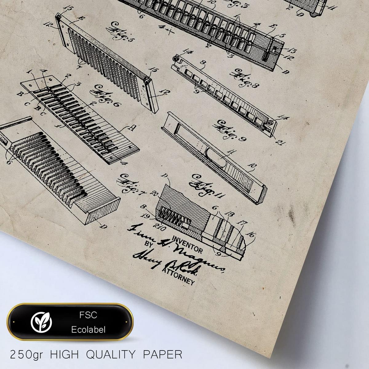 POSTER Set Mit 6 Mit Blasinstrument Patenten Im Vintage Stil A3 & A4 Rahmen Aus Hellem Holz - Beige, Papier (29/3cm) - Nacnic