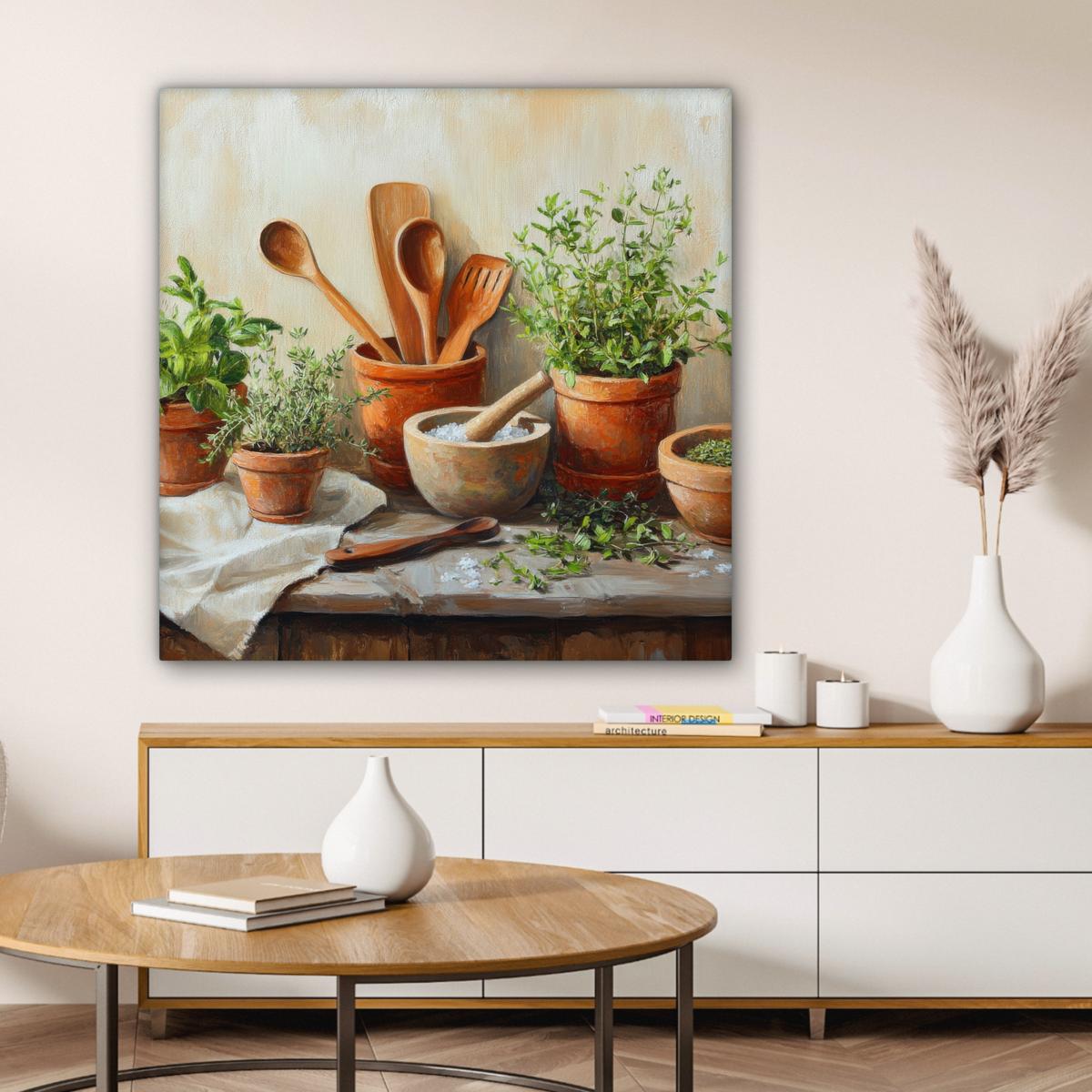 LEINWANDBILD Töpfe - Kräuter - Holz Deko Groß 90x90 cm - Terracotta, Textil (90/90cm) - MuchoWow