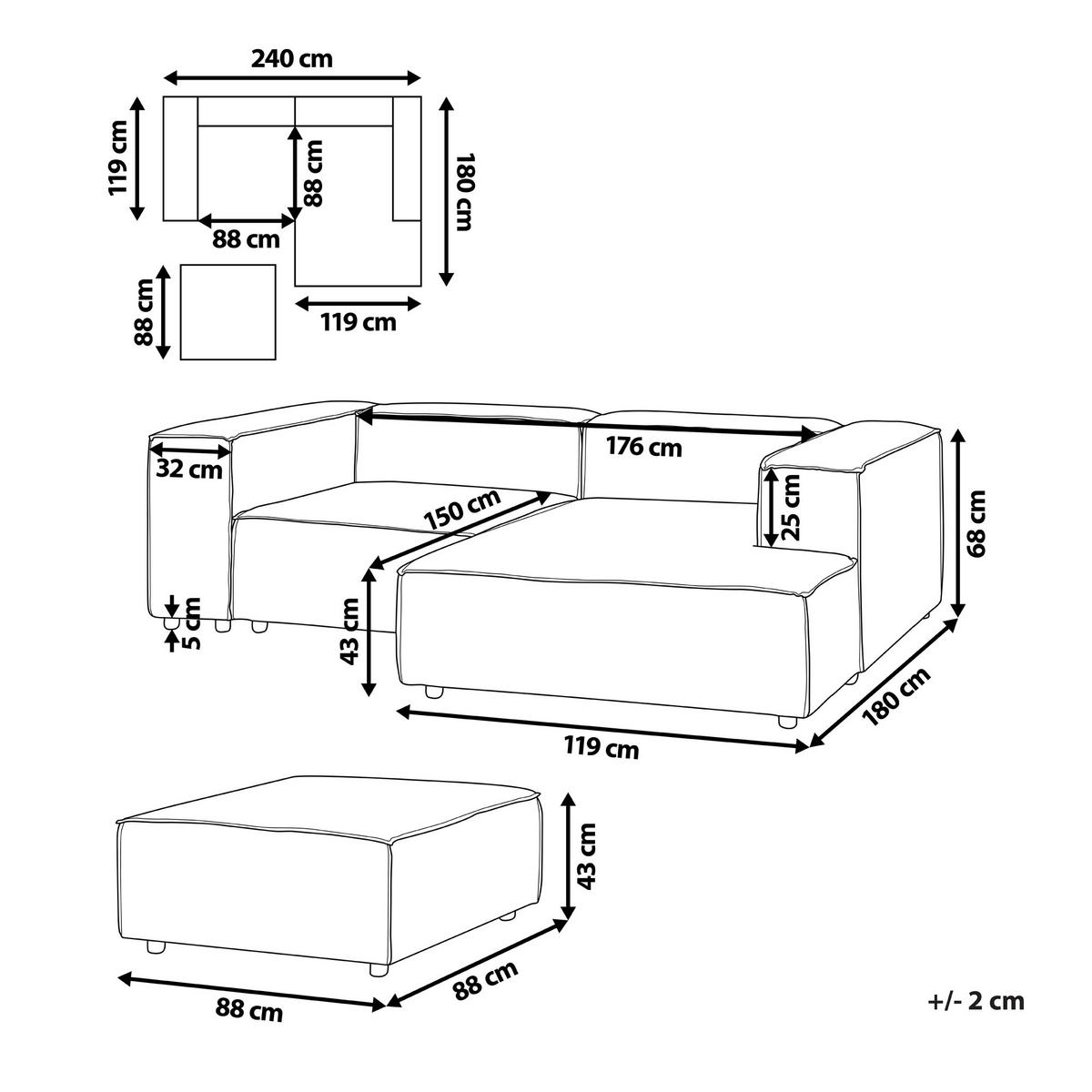 ECKSOFA Modul 3-Sitzer linksseitig Cremeweiß Cord mit Ottomane Ardal - Creme, Textil (240/180cm) - Beliani