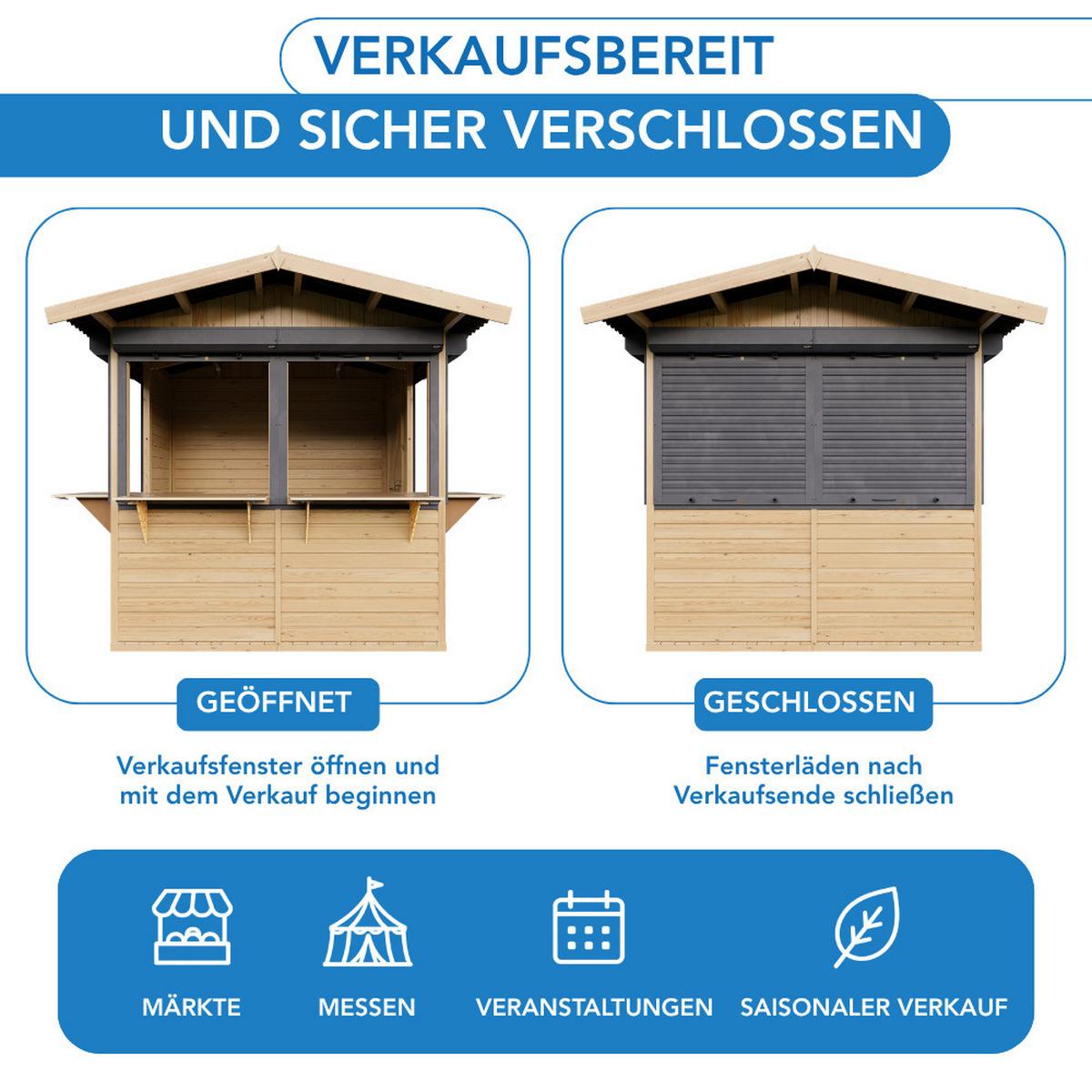 VERKAUFSSTAND aus Holz mit Rollläden 4 m², zerlegbarer Marktstand mit 4 abschließbaren Rollläden für Märkte und Events - Naturfarben, Holz (253/232/263cm) - Timbela
