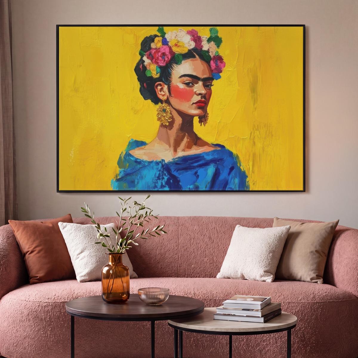 LEINWAND Bilder mit Rahmen - Frida Kahlo - Frau - Gelb - Blau - Blumen - 120x80 - Gelb, Textil (120/80cm) - MuchoWow