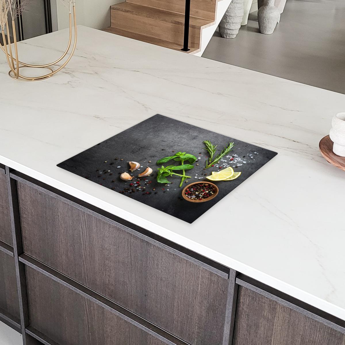 HERDABDECKPLATTE Limette - Kräuter - Gewürze - Grün - Grau - Beton Ceranfeldabdeckung 59x52 cm - Grün, Kunststoff (59/52/0.2cm) - MuchoWow