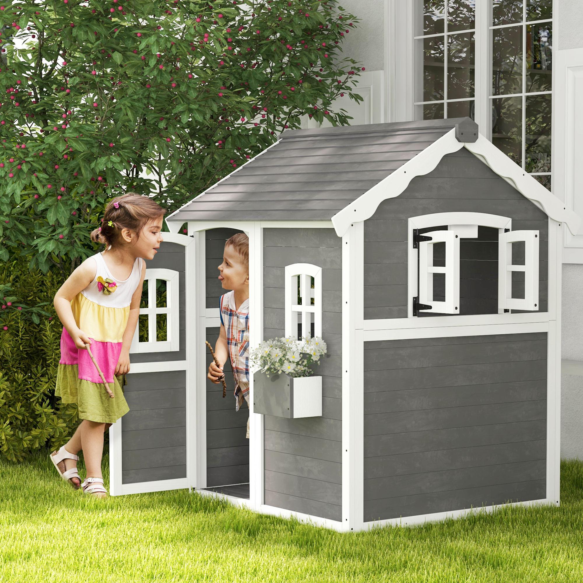 SPIELHAUS für Kinder, Indoor- und Outdoor-Haus mit Tür, Fenstern, Grau - Grau, Holz (104.5/137/110cm) - Outsunny