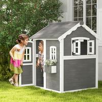 SPIELHAUS für Kinder, Indoor- und Outdoor-Haus mit Tür, Fenstern, Grau - Grau, Holz (104.5/137/110cm) - Outsunny