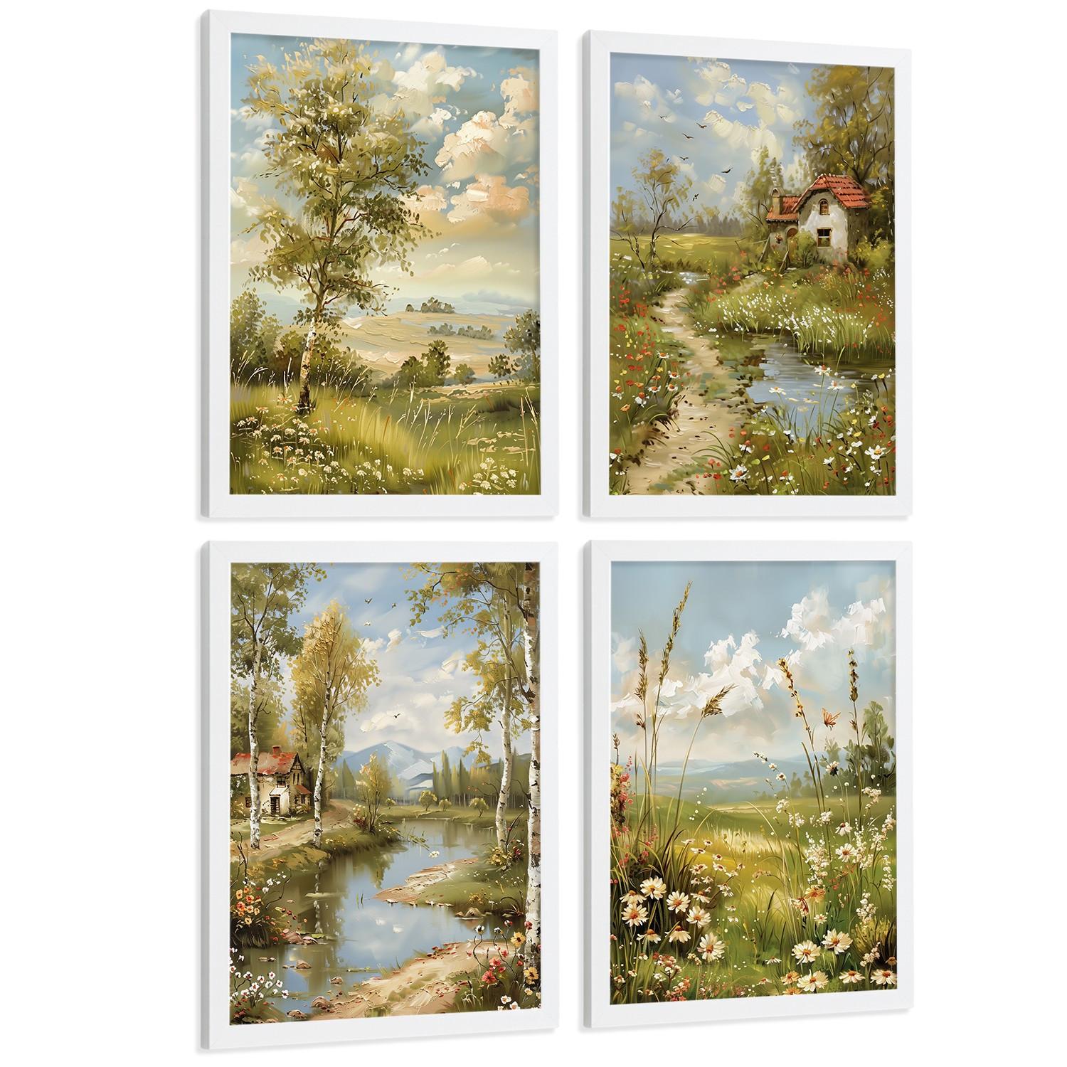 POSTER 4er Bilder-Set Wandbilder Impressionismus Landschaft modern Wohnzimmer Deko, Schlafzimmer, Küche, Badezimmer Weißer Rahmen A3 - Weiß, Papier (29.7/1/42cm) - Nacnic