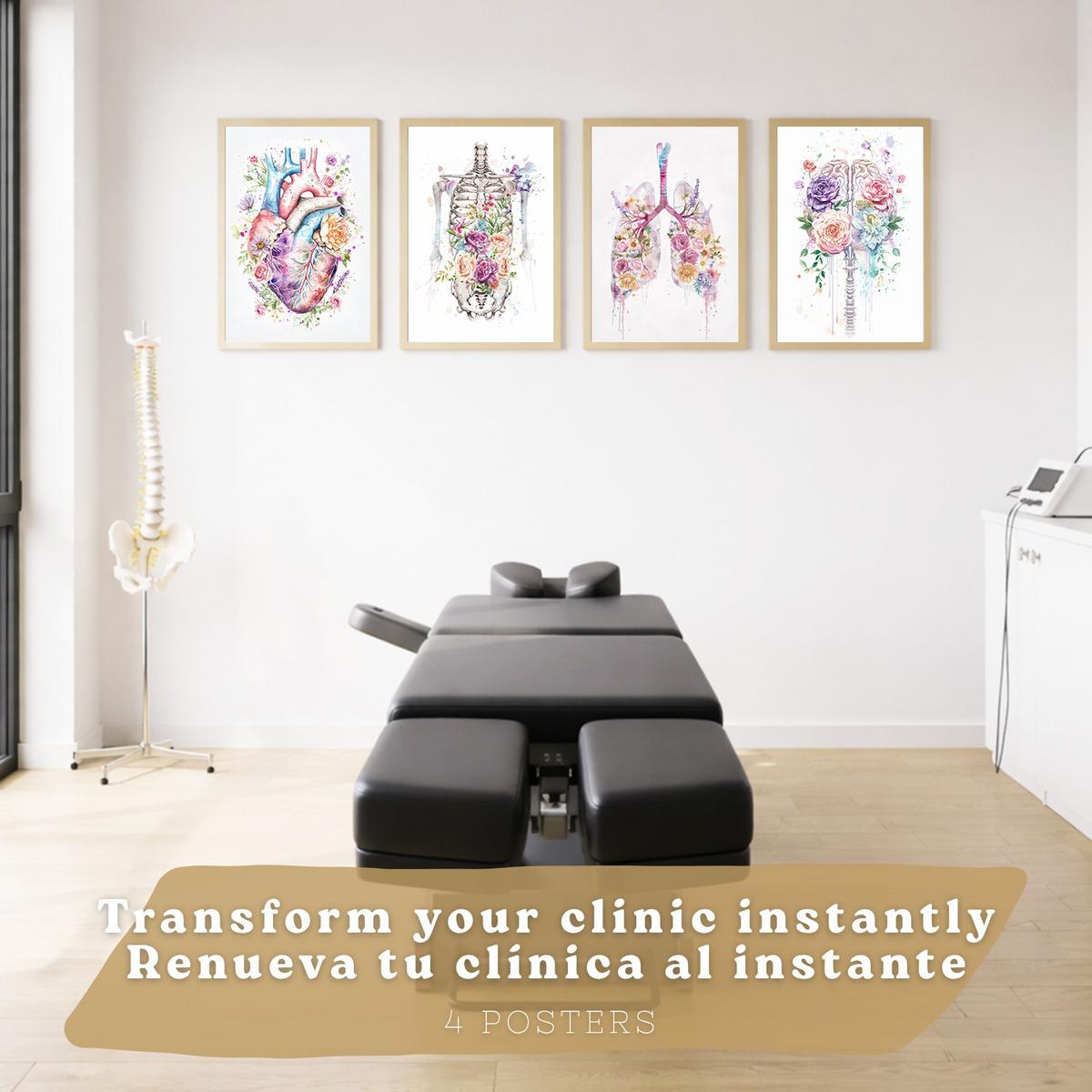 POSTER Set aus 4 Anatomie Mensch Drucke und mit Herz Gehirn Lungen Luftröhre Bronchien Wirbelsäule Florales Aquarell Design Leichter Holzrahmen A3 - Beige, Papier (29.7/42/3cm) - Nacnic