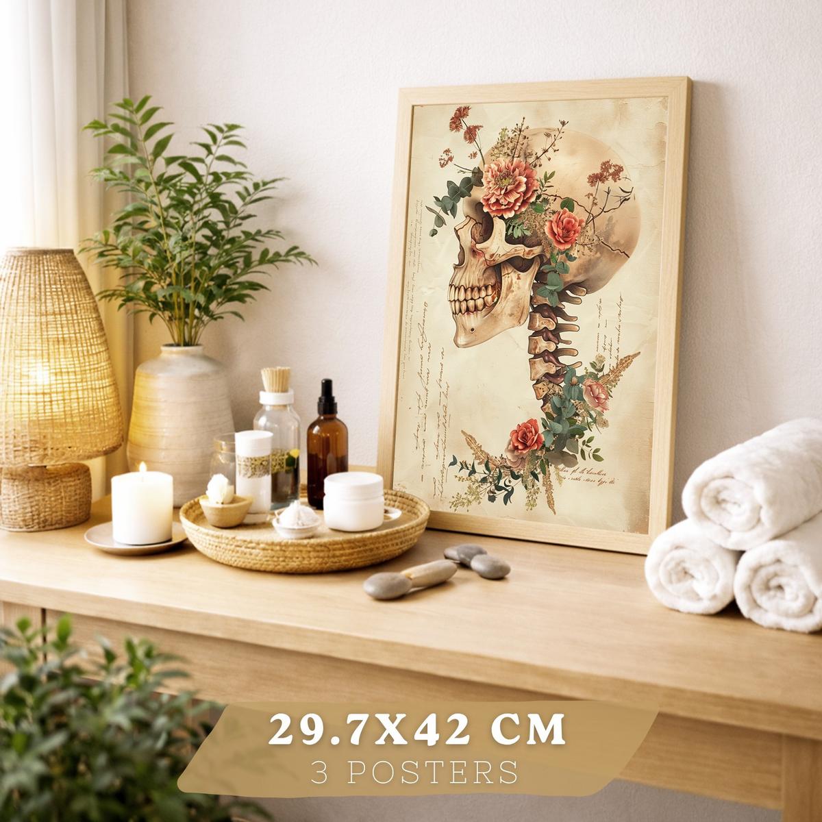 POSTER Set aus 3 Anatomie Mensch Drucke und Wandbilder mit Herz Gehirn und Schädel Vintage Floraler Stil Wanddekoration Größe Leichter Holzrahmen A3 - Beige, Papier (29.7/42/3cm) - Nacnic