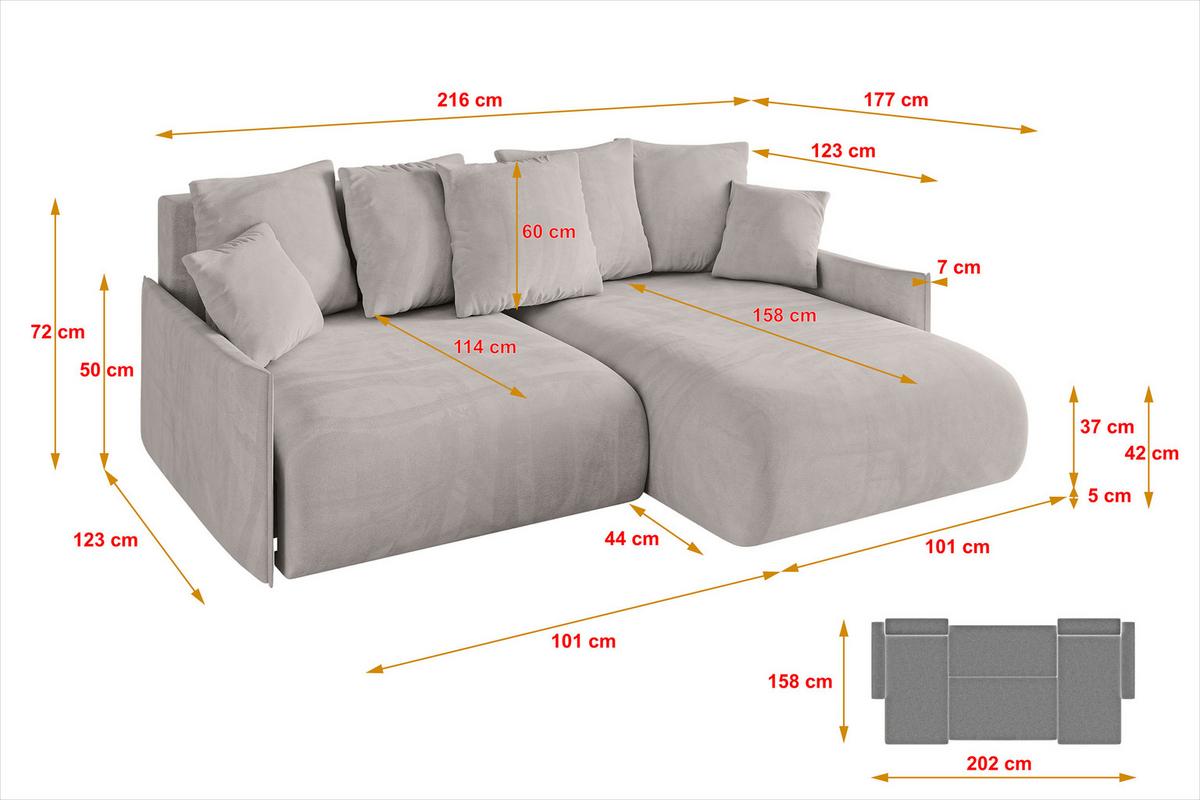 ECKSOFA Ottomane rechts ONESK-L-v1 216x177x72 Hellbraun Velours - Hellbraun, Holzwerkstoff/Kunststoff (177/216cm) - ALTDECOR