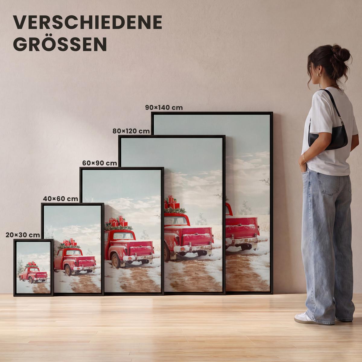 LEINWAND Bilder mit Rahmen - Auto - Rot - Geschenke - Winter - Schnee - Weihnachten - 20x30 - Rot, Textil (20/30cm) - MuchoWow