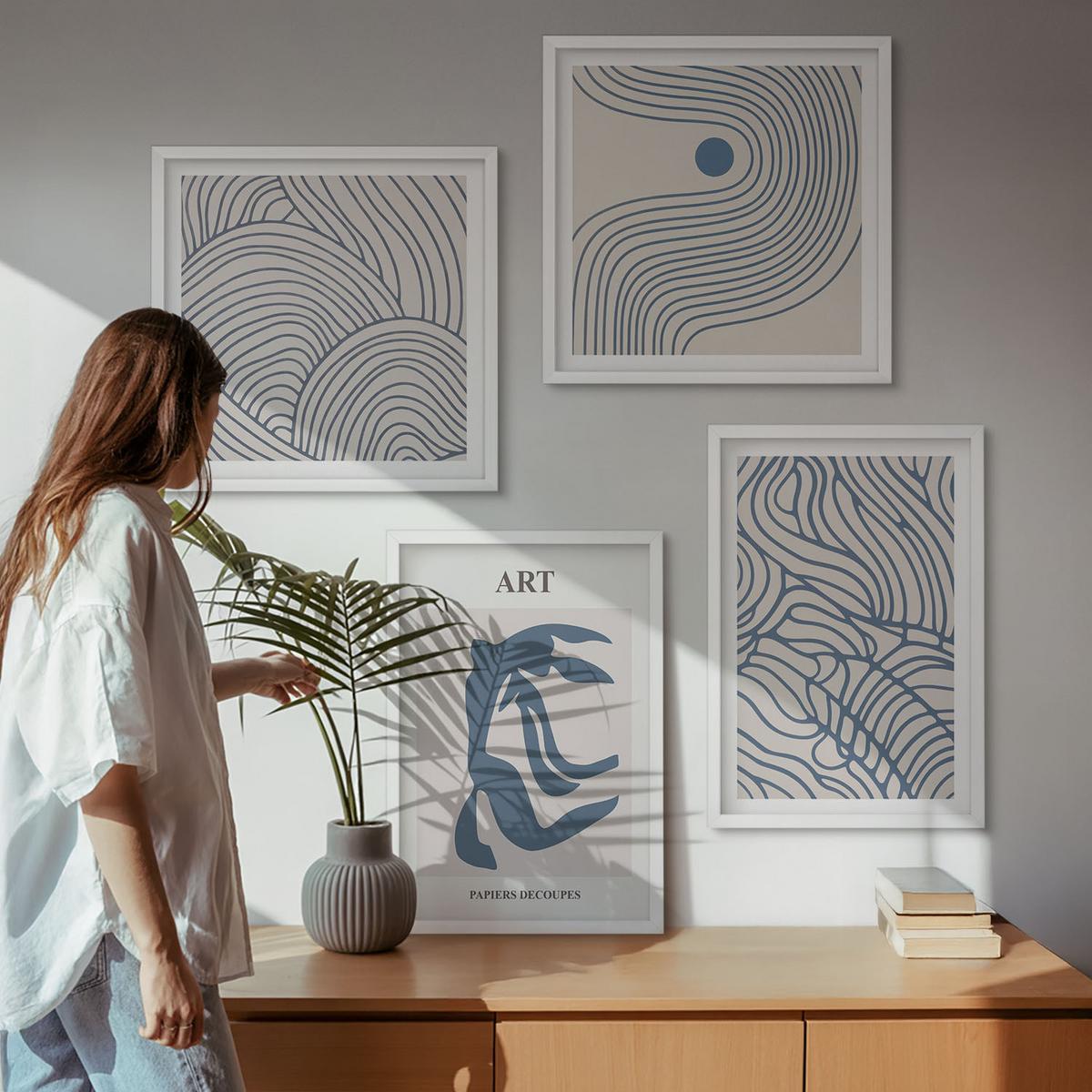 BILDER SET 4er Set - 50x50 cm & 40x60 cm Weißer Rahmen - Abstrakte blaue Linien - Weiß, Kunststoff (50/50cm) - TULUP