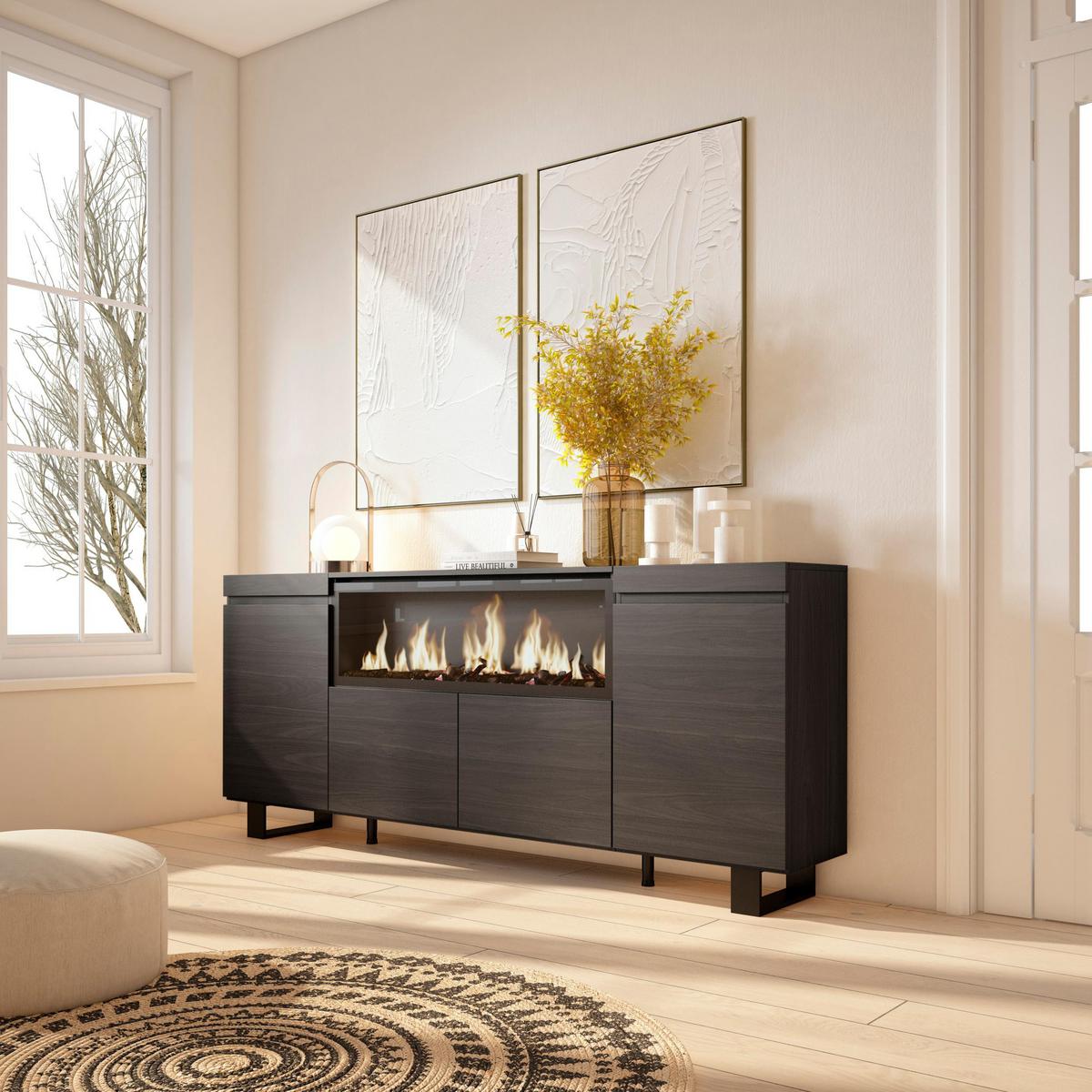 SIDEBOARD, Elektrokamin XXL, schwarz, 208/35/87cm - Schwarz, Holzwerkstoff (208/87/35cm) - Skraut Home