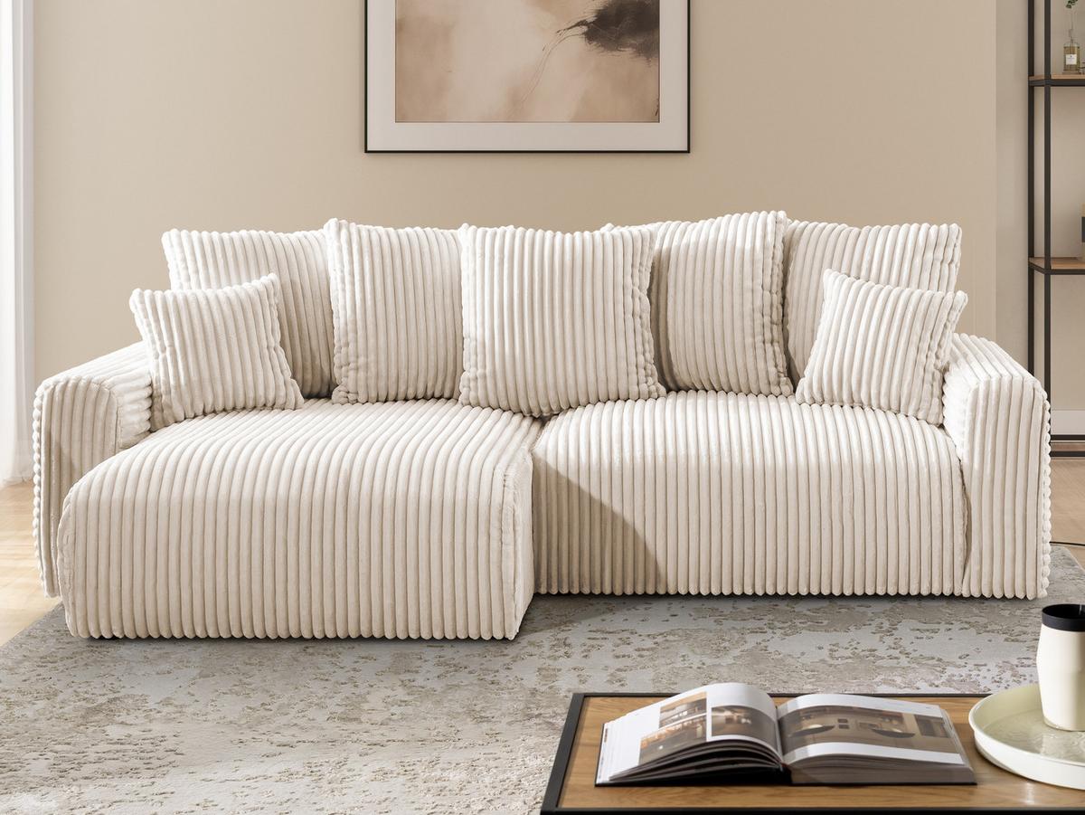 ECKSOFA Calma mit Schlaffunktion und Bettkasten im Bumpy-Design aus weichem Creme Plüschcord - Ottomane links - Creme/Schwarz, Holz/Kunststoff (239/140cm) - S-Style