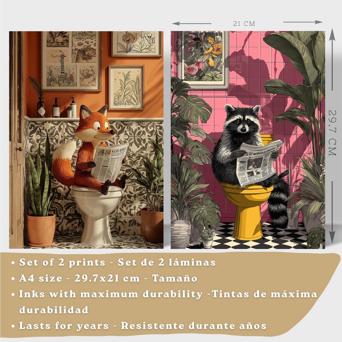 POSTER 2er-Set lustige Tierdrucke im Badezimmer, Fuchs und Waschbär-Dekorationsbilder im modernen Stil Leichter Holzrahmen A4 - Beige, Papier (29.7/21/3cm) - Nacnic