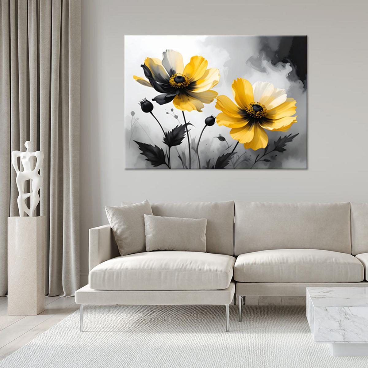 BILD auf Leinwand, Gelbe Blumen in kontrastierendem Schwarz und Weiß - Gelb, Textil (120/80cm) - Feeby