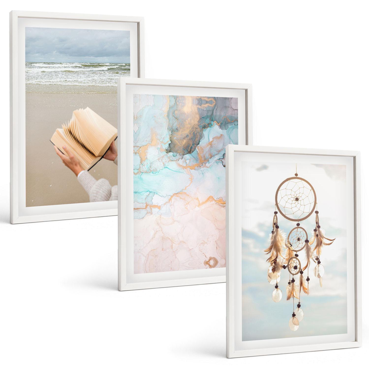 BILDER SET 3er Set - 40x60 cm Weißer Rahmen - Abstraktes Meeresbuch Boho - Weiß, Kunststoff (40/60cm) - TULUP