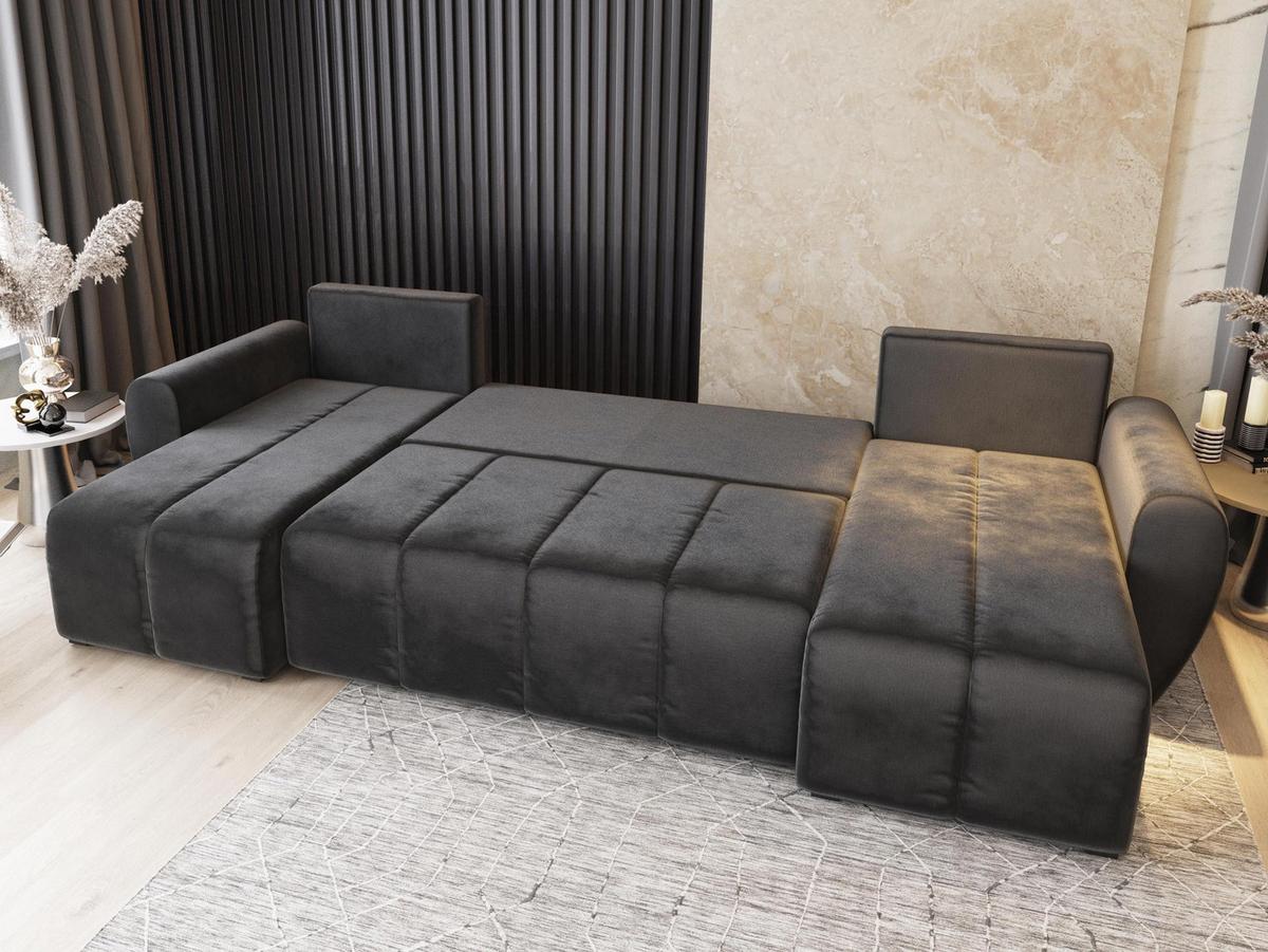 WOHNLANDSCHAFT MADISON U Braun Dünner Stoff mit Schlaffunktion - Schwarz/Braun, Holz/Kunststoff (311/82/145cm) - MASSENO