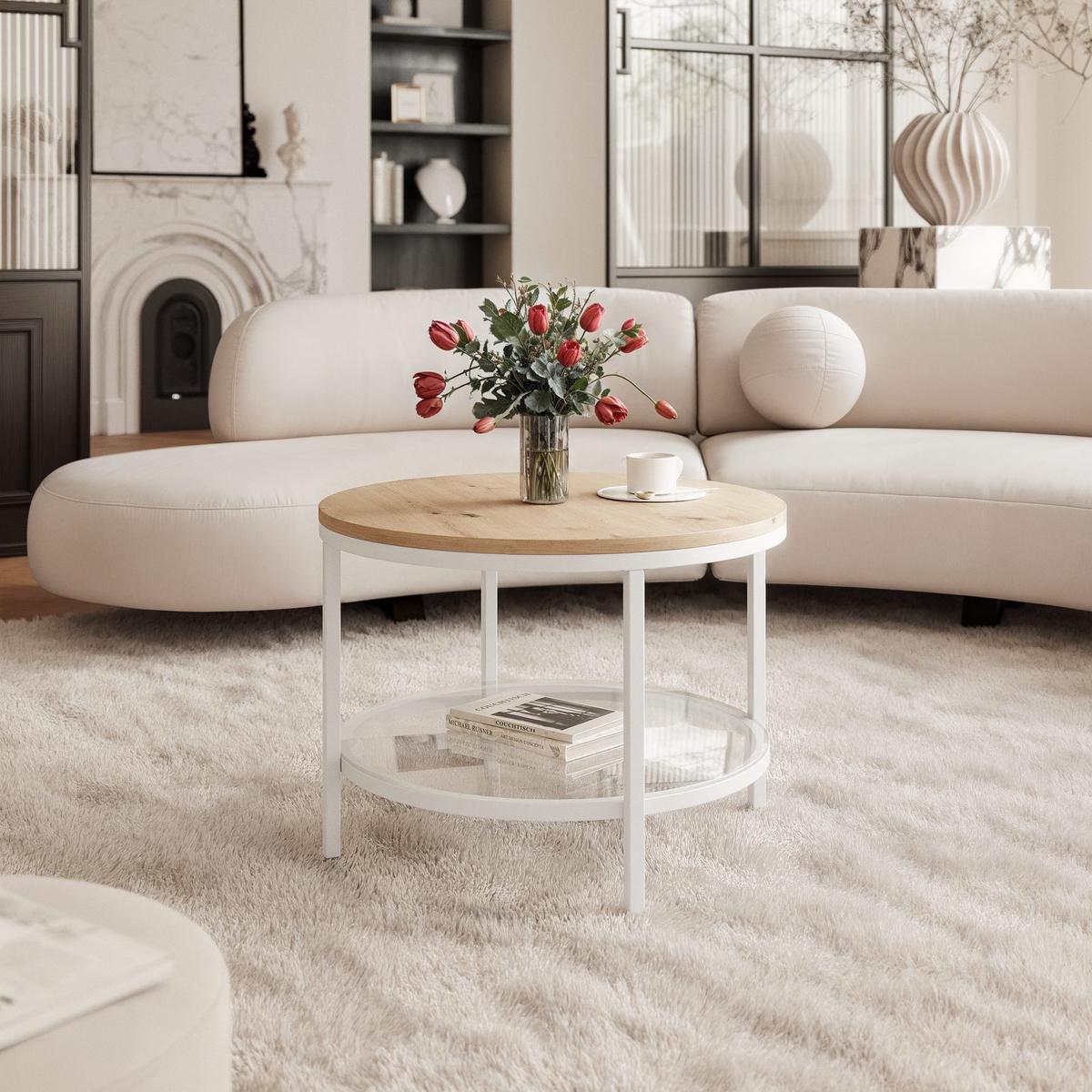 COUCHTISCH CANDY 60/42 cm runden, Weiß / Artisan-Eiche - Eiche Artisan/Weiß, Glas/Metall (60/60/42cm) - Idohome