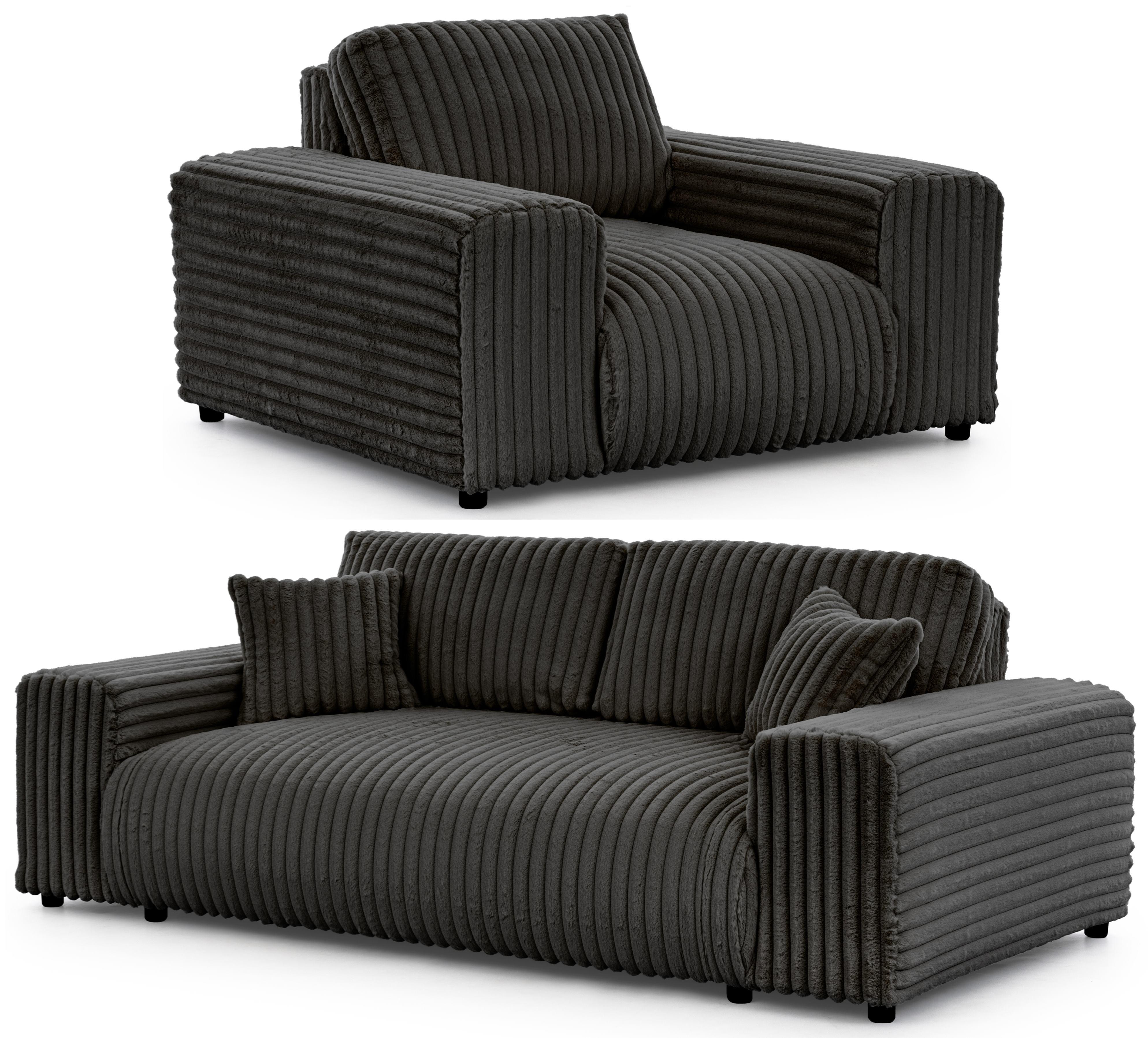 SITZGARNITUR 3+1 Mollis Dunkelgrau Plüschcord - Dunkelgrau/Schwarz, Holz/Kunststoff (213/79/108cm) - S-Style Möbel