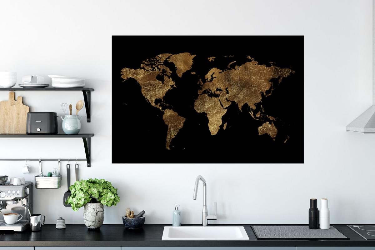 WANDTATTOO Weltkarte - Gold - Luxus - Erde - Schwarz Wandsticker 120x80 cm - Goldfarben, Kunststoff (120/80/0.1cm) - MuchoWow