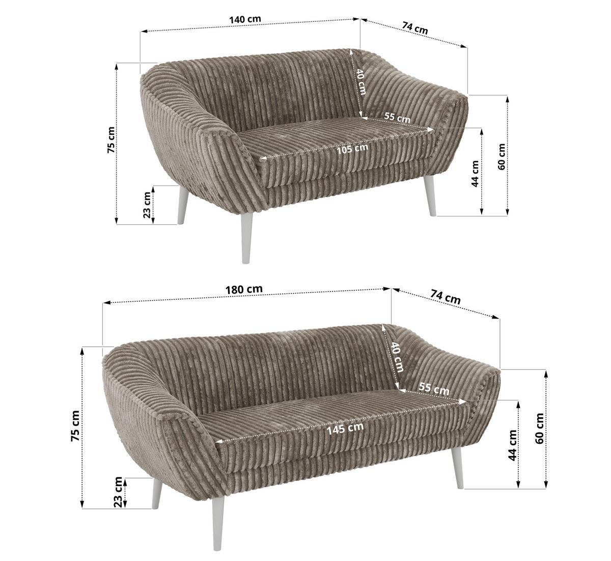 SITZGARNITUR PIRS 3+2 - Hellbraun Cord - Weiße Beine - Hellbraun/Weiß, Holzwerkstoff/Textil (180/75/74cm) - MKS