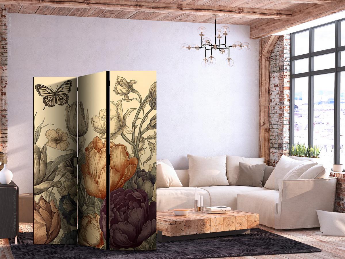 PARAVENT Akustik 3-tlg 135x172 cm Tulpen im Retro - Multicolor, Holz/Textil (135/172/3cm) - Muralo