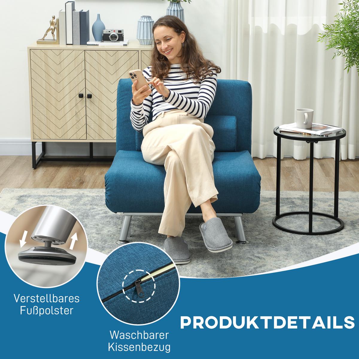 KLAPPBAR Schlafsessel Schlafsofa Klappmatratze Bett Gästebett Blau Sofa - Blau/Silberfarben, Textil/Metall (70/75/75cm) - HOMCOM